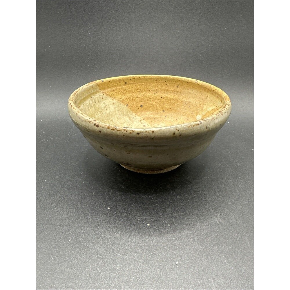Art Pottery Bowl, Signed, Rice Bowl Shape, Speckled, Tapered, Hand Made Tan